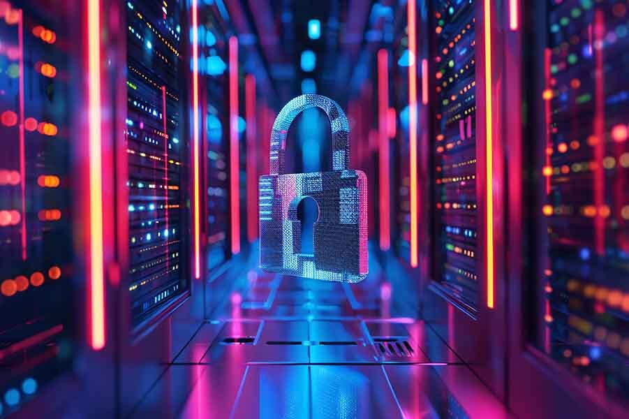 Cybersecurity concept in a data center with a glowing digital padlock symbolizing online security and protection. Ensure your Google Business Listing is secure from scammers and unauthorized access.