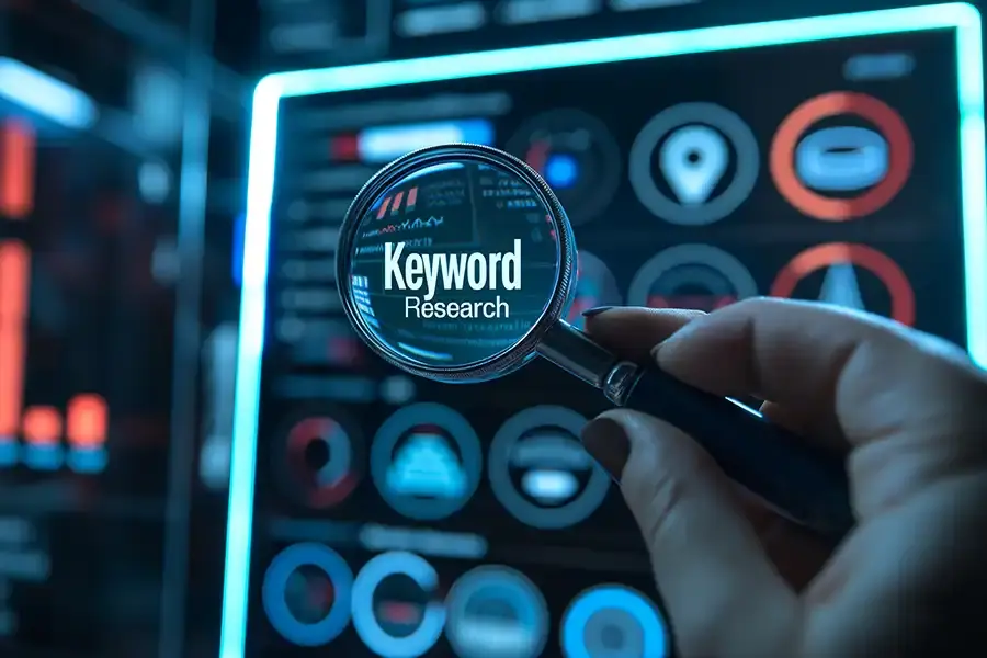 Search engine results and data charts on screen, representing B2B SEO strategies for improving visibility and rankings.
