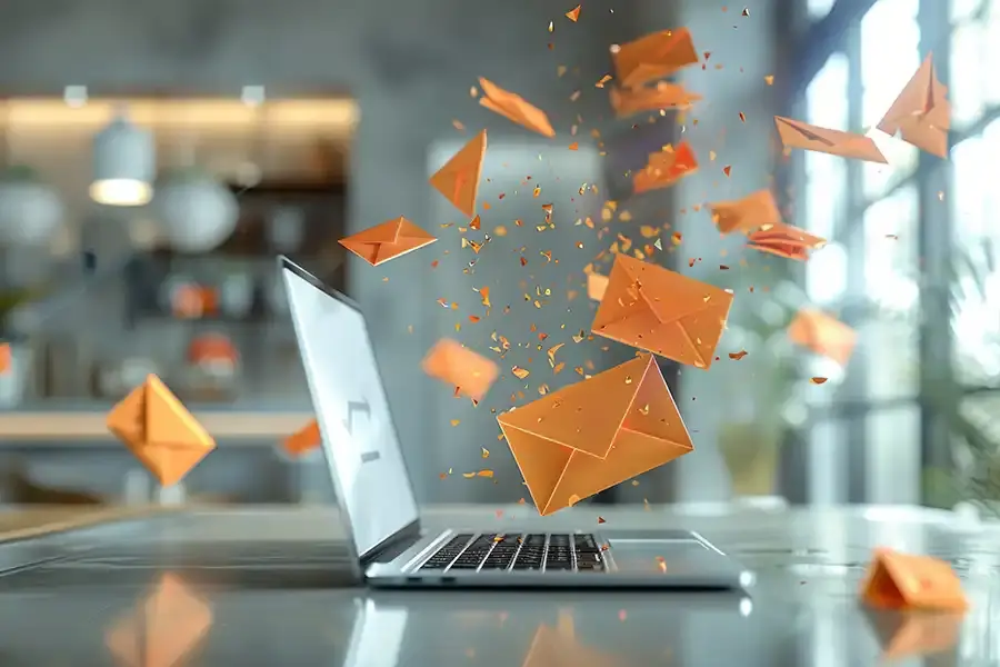 Illustration of marketing emails being sent from a laptop, symbolizing B2B email campaign outreach