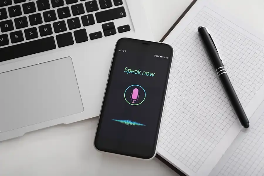 Voice search concept illustration with microphone icon and digital interface representing modern marketing strategies”