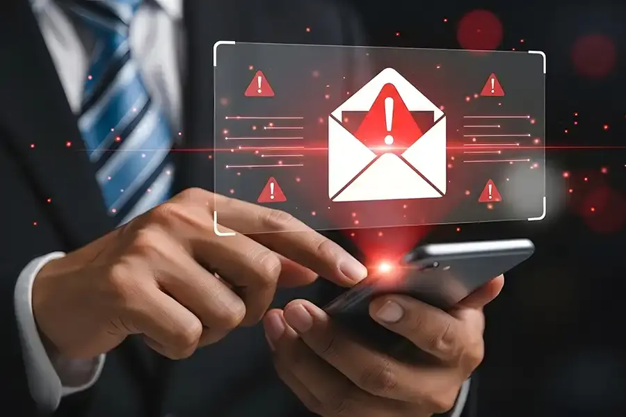 Why using BCC in emails matters—image of a person holding a phone with an envelope and exclamation icon highlighting email privacy risks.”