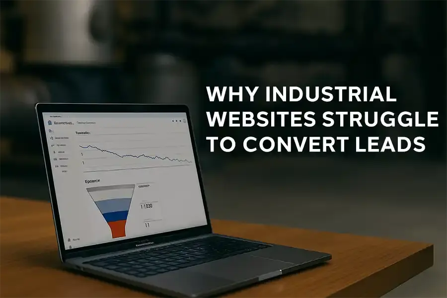 A laptop on a table displays website analytics and a funnel chart. Next to it, bold text reads: “Why industrial websites struggle to convert leads and sales.” The background is out of focus.