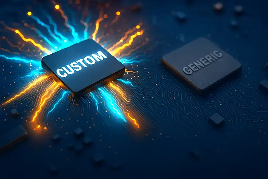 A glowing computer chip labeled CUSTOM emits bright blue and orange light, contrasting with a dull, unlit chip labeled GENERIC on a dark circuit board background, illustrating the real difference between custom and off-the-shelf AI tools.