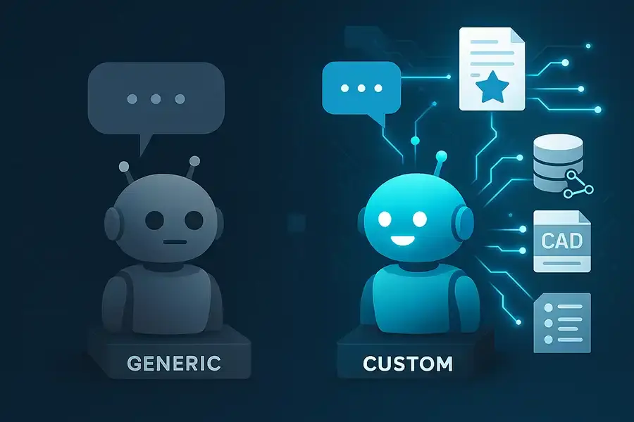 Illustration showing a dull robot labeled Generic AI Chatbots on the left, and a vibrant robot labeled Custom-Trained Chatbots on the right, surrounded by icons representing documents, databases, and CAD files to highlight customization.