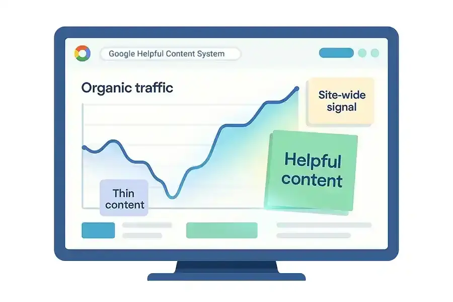 A computer screen displays a graph labeled Organic traffic rising sharply. Overlaid text boxes read Thin content, Site-wide signal, and Googles helpful content, referencing the Google Helpful Content System.