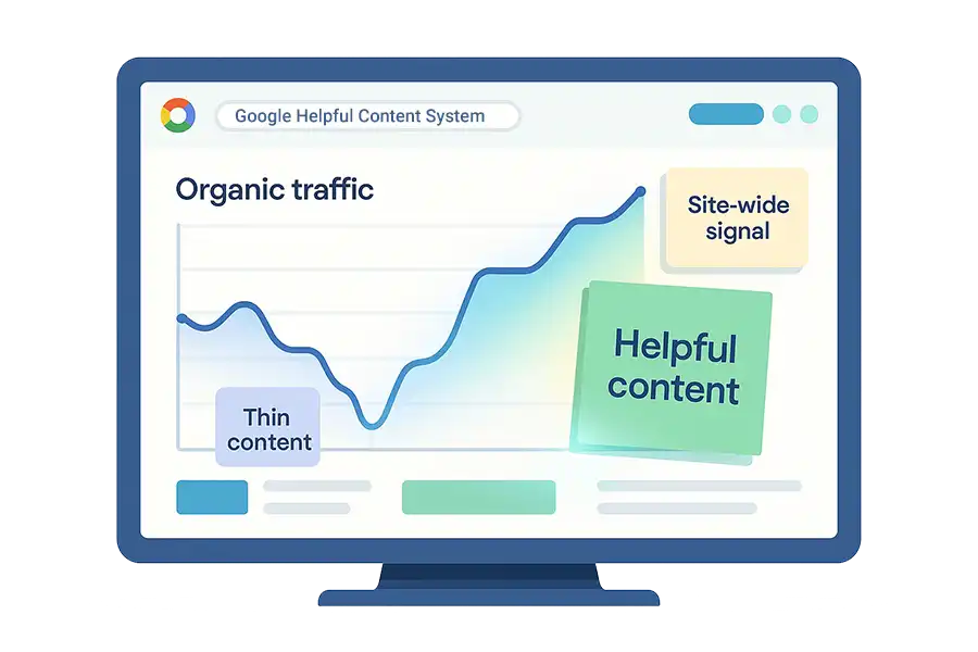 A computer screen displays a graph labeled Organic traffic showing a rising trend. Text boxes highlight Thin content, Site-wide signal, and Helpful content, referencing the Google Helpful Content System.