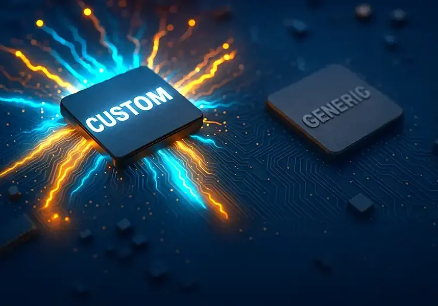 A glowing computer chip labeled CUSTOM emits bright blue and orange light, contrasting with a dull, unlit chip labeled GENERIC on a dark circuit board background, illustrating the real difference between custom and off-the-shelf AI tools.