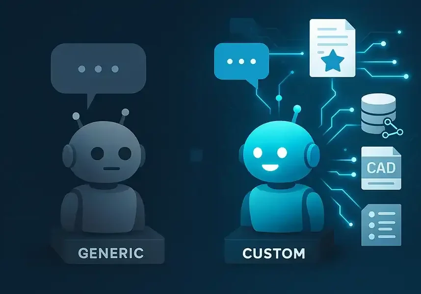 Illustration showing a dull robot labeled Generic AI Chatbots on the left, and a vibrant robot labeled Custom-Trained Chatbots on the right, surrounded by icons representing documents, databases, and CAD files to highlight customization.