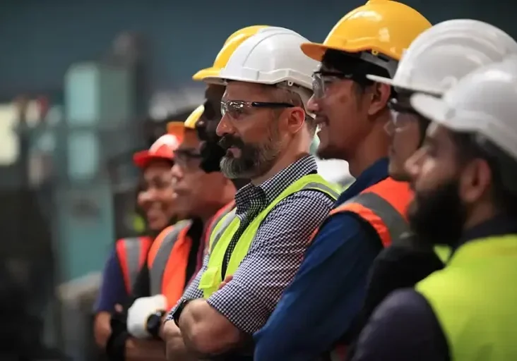 A group of workers wearing safety helmets and reflective vests stand side by side in a factory, attentively listening to someone out of view—perhaps discussing how Federal Contract Reforms Are Shutting Out Small Businesses. The industrial background is slightly blurred.