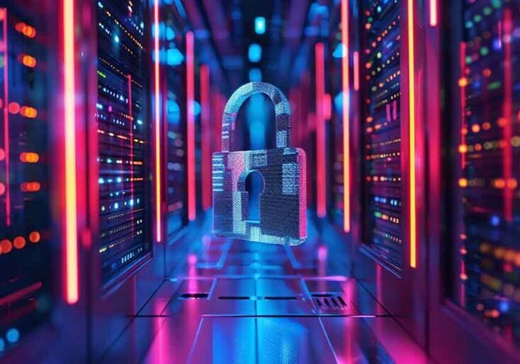 Cybersecurity concept in a data center with a glowing digital padlock symbolizing online security and protection. Ensure your Google Business Listing is secure from scammers and unauthorized access.