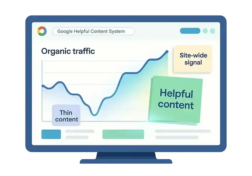 A computer screen displays a graph labeled Organic traffic rising sharply. Overlaid text boxes read Thin content, Site-wide signal, and Googles helpful content, referencing the Google Helpful Content System.