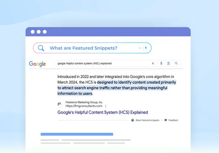 Rendering of a Google featured snippet displaying highlighted search result with a summary of content in a boxed section