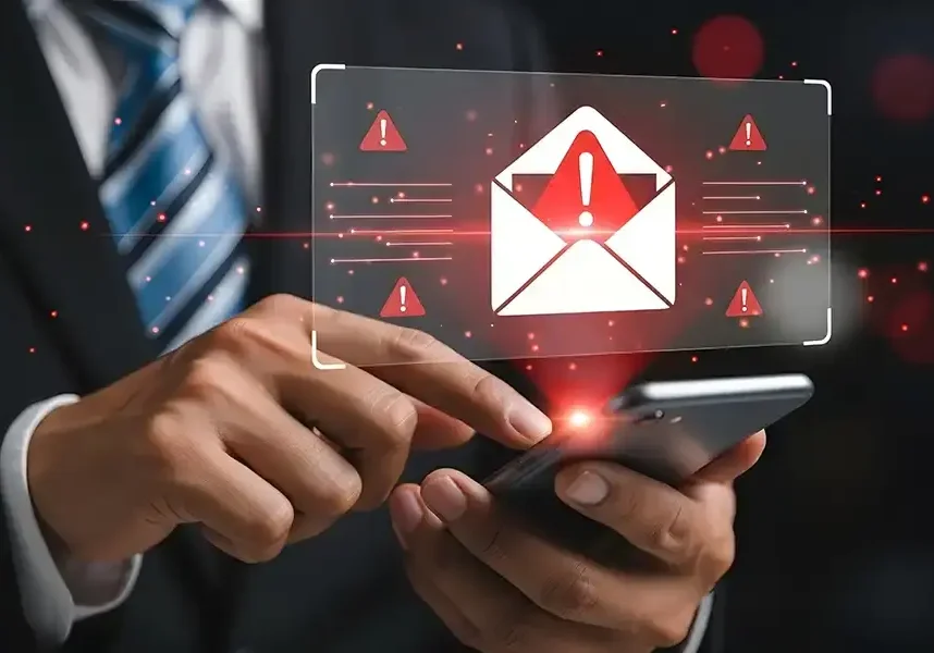 Why using BCC in emails matters—image of a person holding a phone with an envelope and exclamation icon highlighting email privacy risks.”